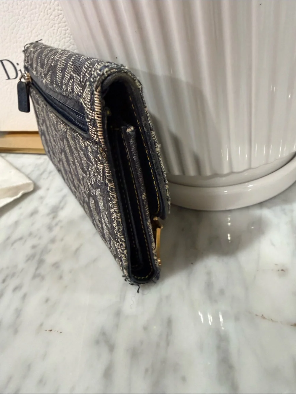 Dior Navy & Gray Oblique Canvas Card & Key Pouch with Gold 'D' Accent